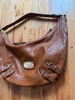 Michael Kors Camel Leather Shoulder Hobo Bag with Buckle Accents